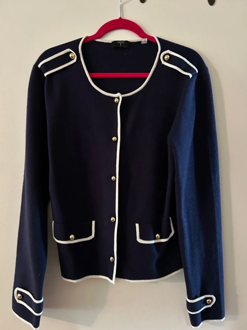 Tahari Navy Sweater Jacket with White Trim and Gold Buttons - Picture 1 of 1
